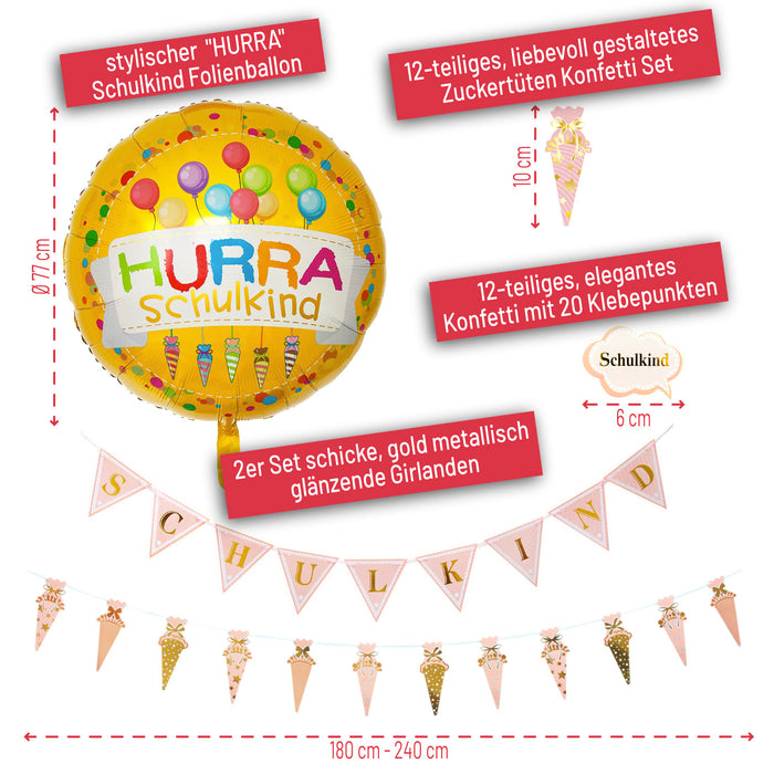 Schuleinführung Schulanfang Einschulung Deko Set - Schulkind Folienballon + 2 Girlanden + Zuckertüten Konfetti + Konfetti Set mit Schulmotiven