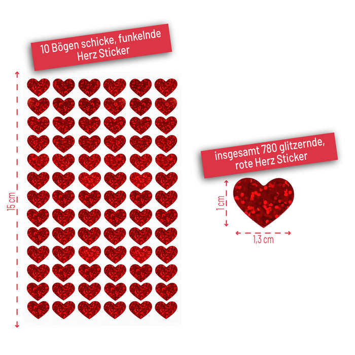 780 Herz Sticker Herzen Aufkleber Rot Hologramm Effekt Glitzernd zum Basteln Scrapbooking Dekoration Verzierung