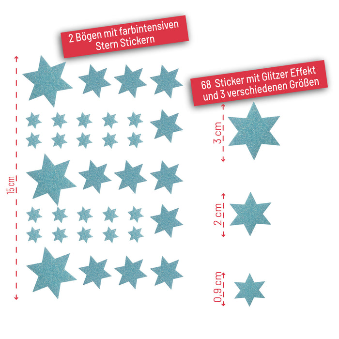68 Sterne Sticker Aufkleber Glitzernd für Weihnachten Weihnachtsdeko Weihnachtssterne - hellblau