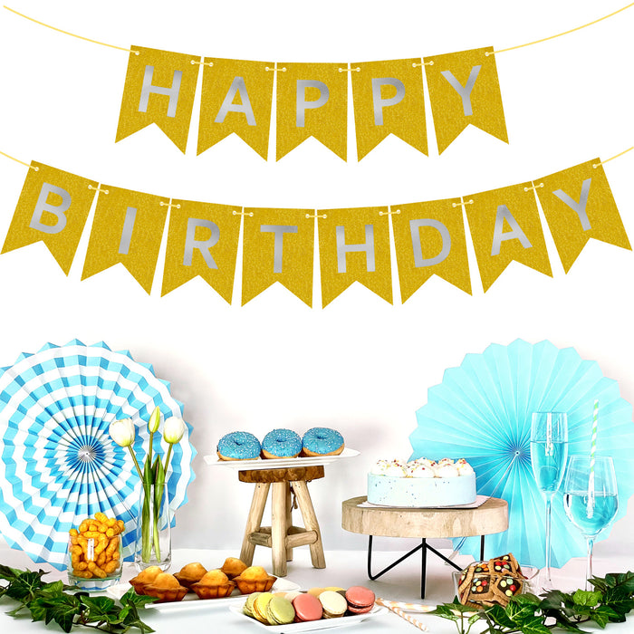 Happy Birthday Girlande für Kinder Geburtstag Deko Mädchen Jungs Party Banner Dekoration - gold-silber