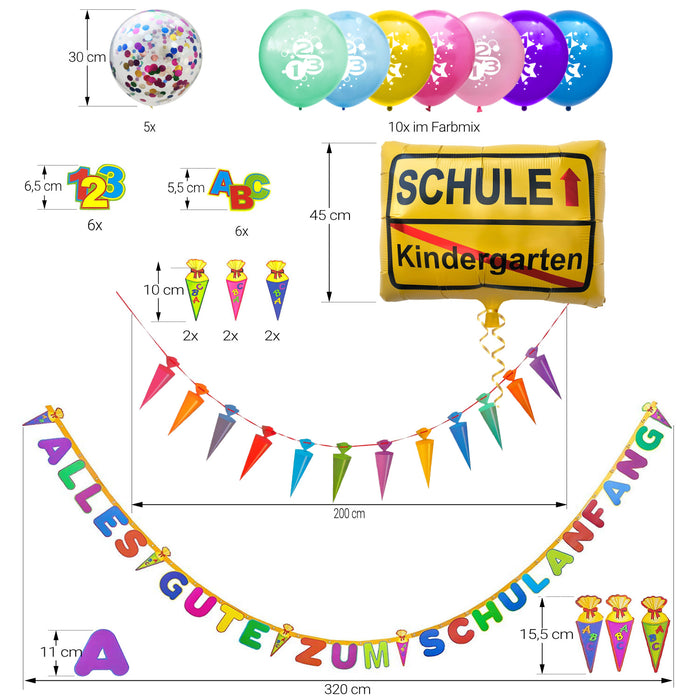 Schuleinführung Schulanfang Einschulung Deko Set - 2 Girlanden + Luftballons + Konfetti Set