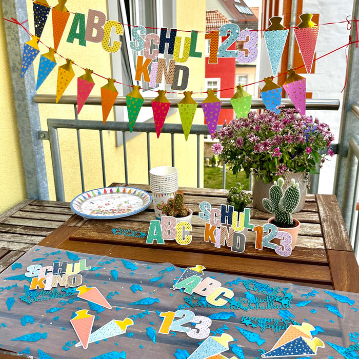 Schuleinführung Schulanfang Einschulung Deko Set - Schulkind Zuckertüten Stern Girlande + Zuckertüten Folienballon + Konfetti Ballon Set