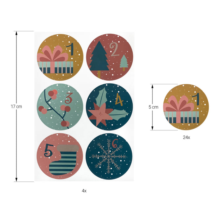 24 Adventskalender Sticker Zahlen Aufkleber weihnachtliche Motive Weihnachten Basteln Weihnachtsdeko