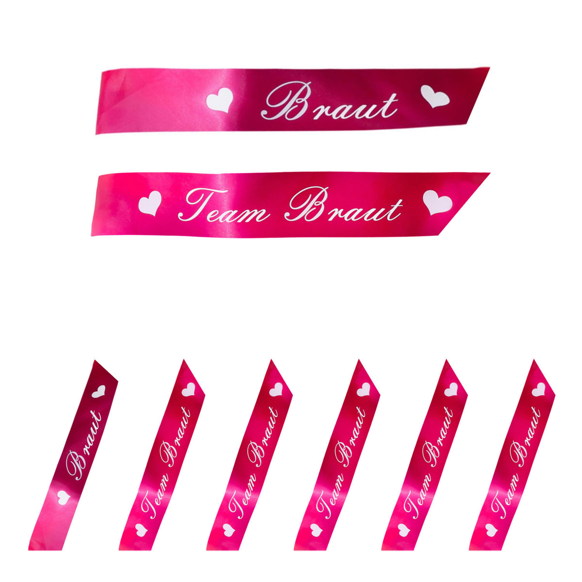 Oblique Unique Braut & Team Braut Schärpen Set Für JGA – Pink Mit Herzen, 1x Braut + 6x Team, 100% Polyester