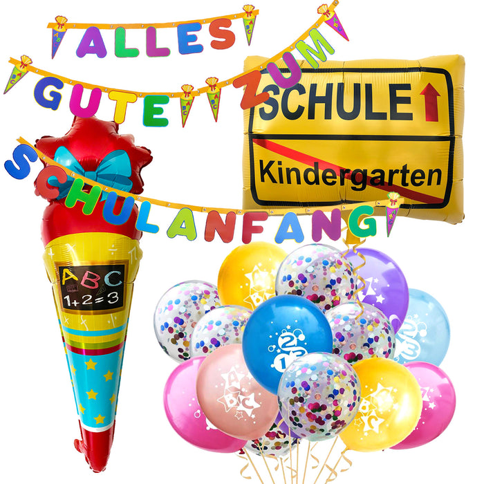 Schuleinführung Schulanfang Einschulung Deko Set - Alles Gute zum Schulanfang Girlande + Luftballons