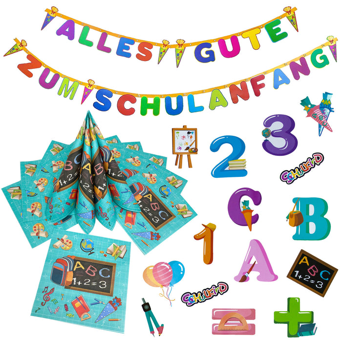 Schuleinführung Schulanfang Einschulung Deko Set - Alles Gute zum Schulanfang Girlande + Servietten + Konfetti