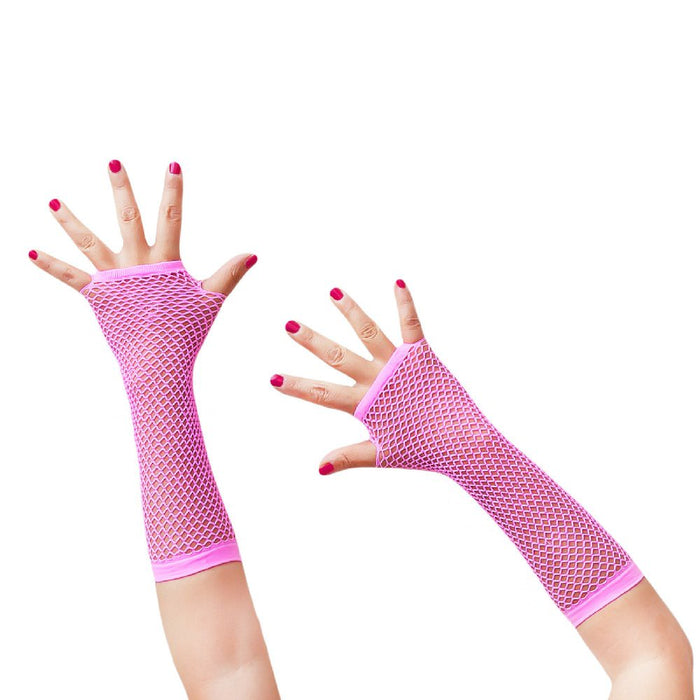 Netzhandschuhe lang fingerlos Party Karneval Fasching - neon pink