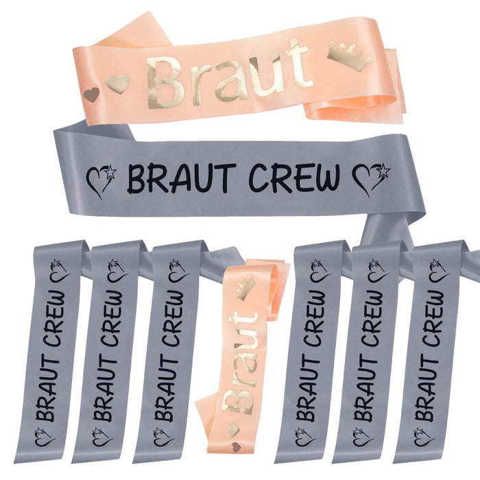 Schärpe Braut + Braut Crew Set JGA Hen Party Hochzeit Herzen grau lachs