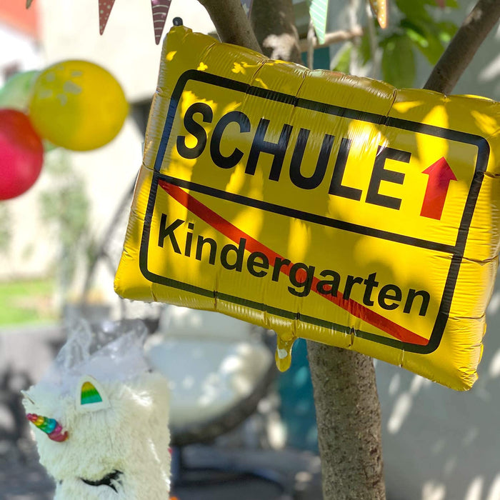 2er Set Folienballon Schulkind + Kindergarten/Schule Ortsschild Luftballon Hänge Deko für Schuleinführung Einschulung