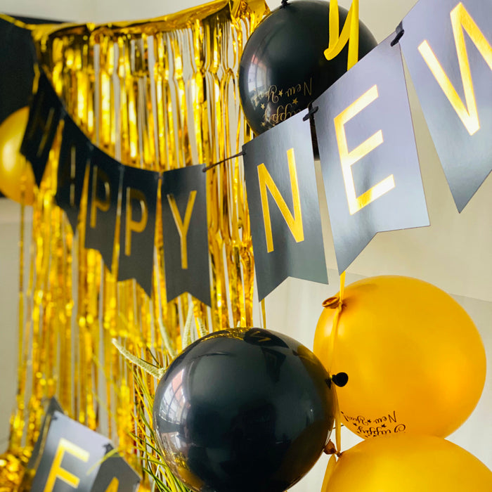 Happy New Year Wimpel Girlande Banner Wimpelkette Silvester Neujahr Party Feier Deko schwarz gold