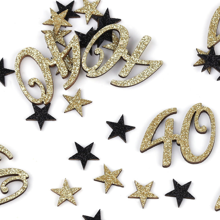 Konfetti Zahl 40 Geburtstag + Sterne aus Holz Streudeko Streuteile Deko 13g - gold schwarz