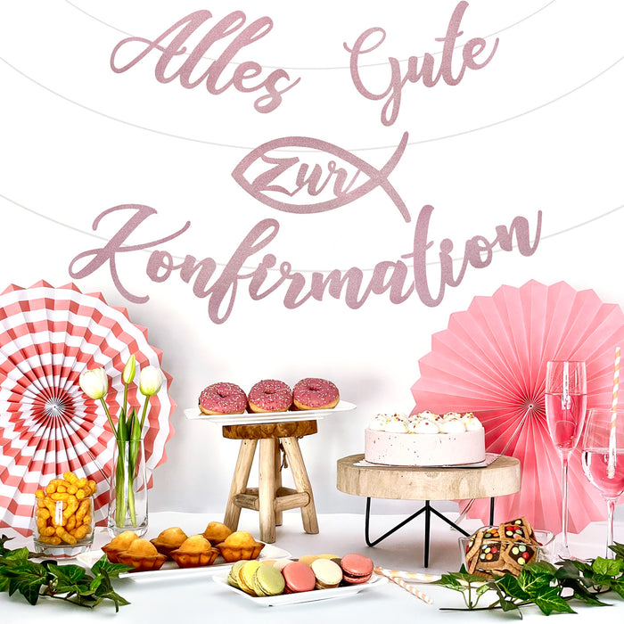 Girlande Alles Gute zur Konfirmation mit Fisch Hängedeko für Konfirmation von Mädchen - rosa