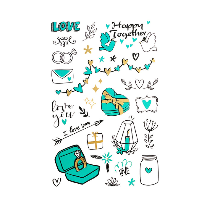 Hochzeit Sticker Set JGA Aufkleber transparent türkis gold zum Verzieren Scrapbooking Basteln Hochzeitsdeko Mr. und Mrs Weeding Day