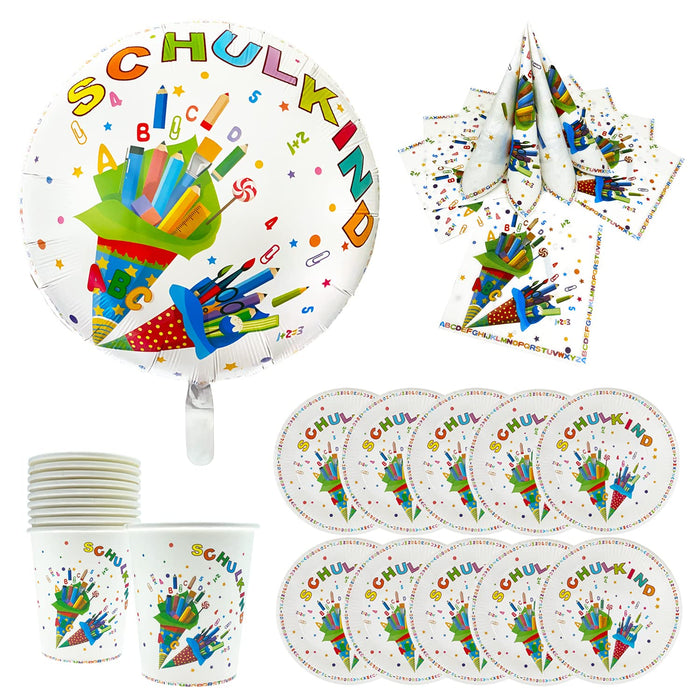 Schuleinführung Schulanfang Einschulung Deko Set - 2 Folienballons + 2 Girlanden + Konfetti Set + 10 Pappteller + 10 Pappbecher + 20 Servietten + 15 Luftballons