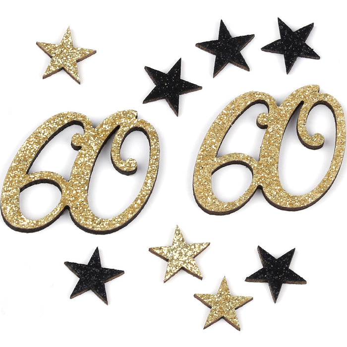 Konfetti Zahl 60 Geburtstag + Sterne aus Holz Streudeko Streuteile Deko 13g - gold schwarz