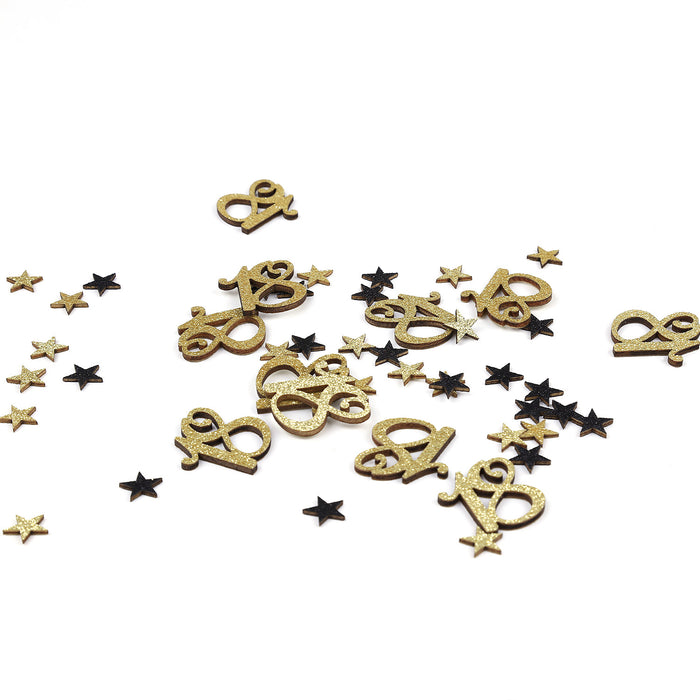 Konfetti Zahl 18 Geburtstag + Sterne aus Holz Streudeko Streuteile Deko 13g - gold schwarz