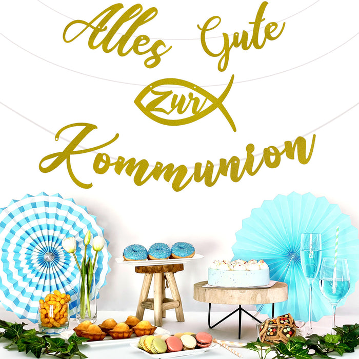 Girlande Alles Gute zur Kommunion mit Fisch Hängedeko für Kommunion von Jungen und Mädchen - gold