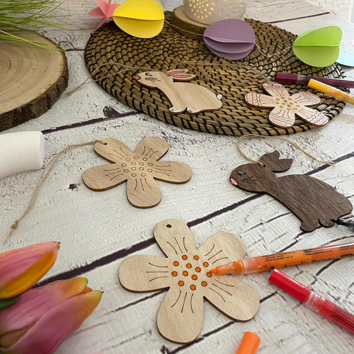 Holz Hasen und Blumen Anhänger 10er Set zum Aufhängen Hängedeko Osterstrauß Deko für Ostern zum Basteln