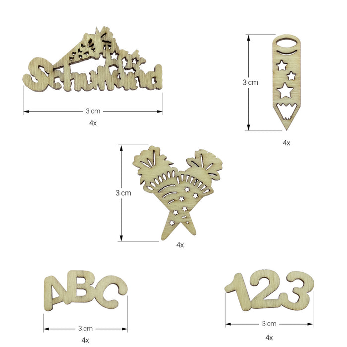Schulkind Holz Konfetti Set mit 123 ABC Stift Zuckertüte Motiv für Schuleinführung Einschulung Tischdeko - natur