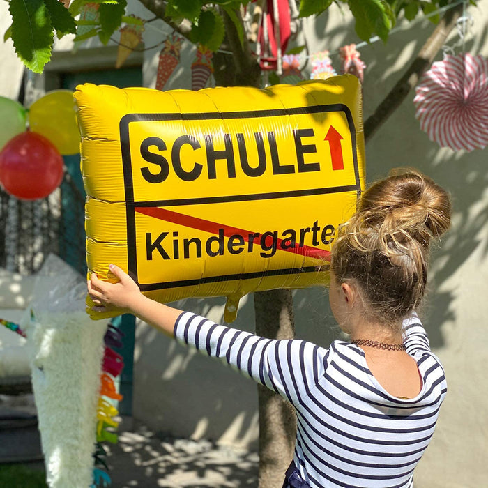 2er Set Folienballon Schulkind + Kindergarten/Schule Ortsschild Luftballon Hänge Deko für Schuleinführung Einschulung