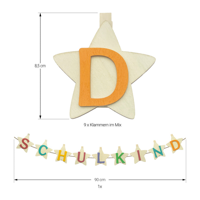 Schulkind Stern Girlande mit Holz Klammern Hänge Deko Banner für Schuleinführung Einschulung Jungs Mädchen Schule