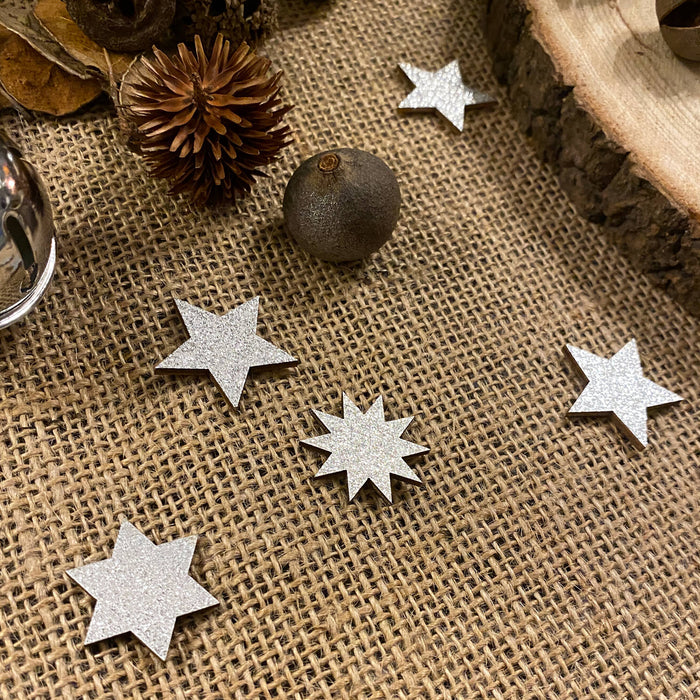 Holz Sterne Deko Set Holzdeko Weihnachtsdeko Tischdeko Streudeko für Weihnachten - silber