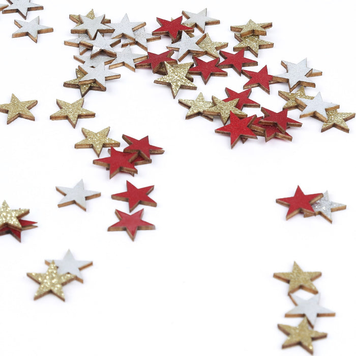 Holz Sterne Deko Set Holzdeko Konfetti Weihnachtsdeko Tischdeko Streudeko für Weihnachten - rot gold weiß