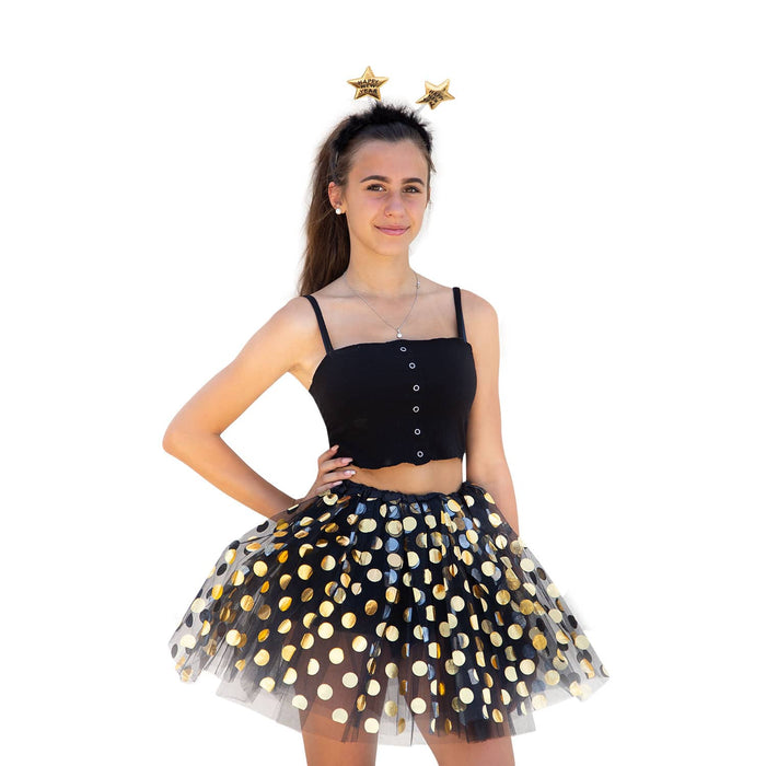 Tutu Tütü Damen Rock Tüllrock Kostüm Accessoire Fasching Karneval 60 cm - 116 cm schwarz gold gepunktet