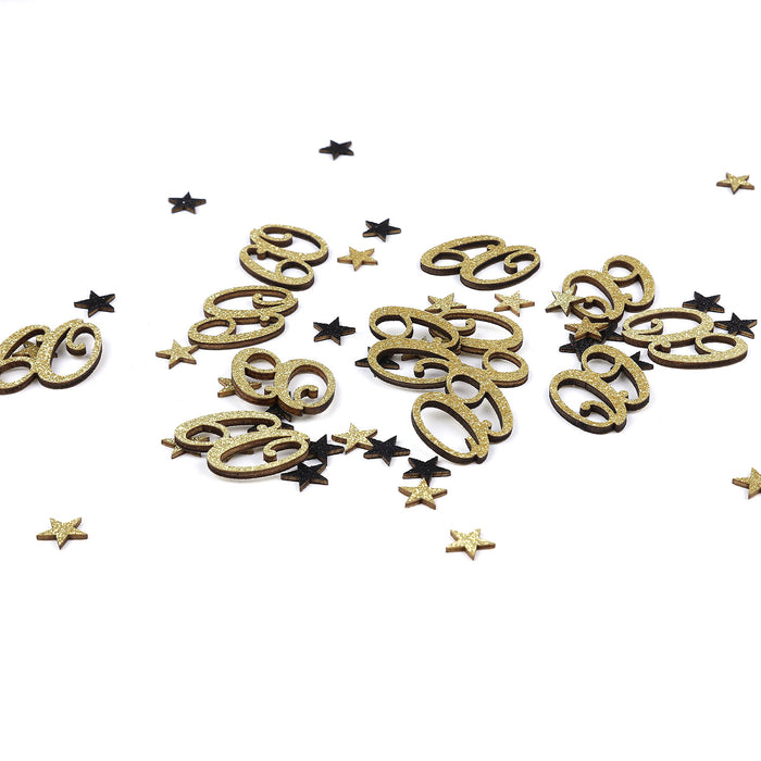 Konfetti Zahl 60 Geburtstag + Sterne aus Holz Streudeko Streuteile Deko 13g - gold schwarz