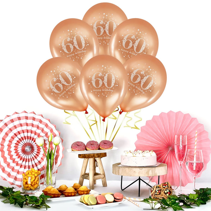 Luftballons Set 60. Geburtstag in Roségold – 6 Ballons mit „60“ & „Happy Birthday“, 25-30 cm – Perfekte Deko für Party, Feier & Hängedeko