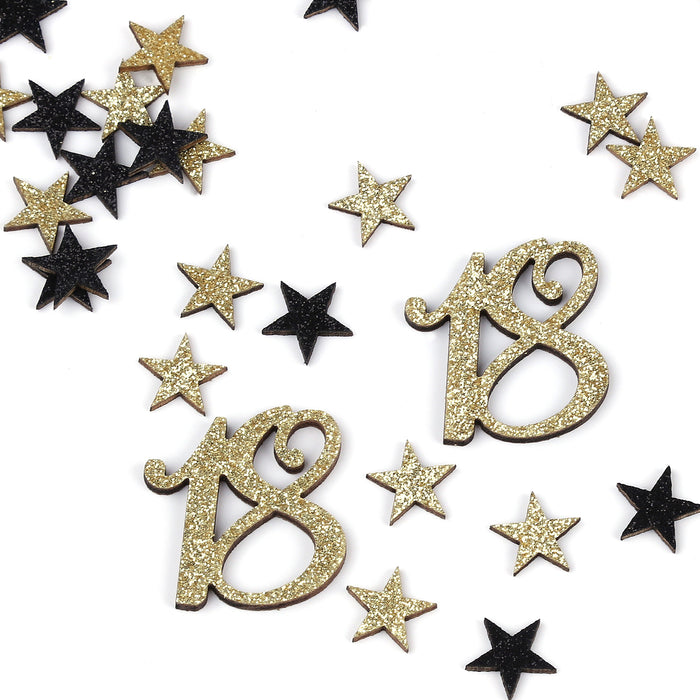 Konfetti Zahl 18 Geburtstag + Sterne aus Holz Streudeko Streuteile Deko 13g - gold schwarz