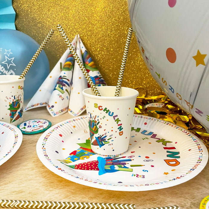 Schuleinführung Schulanfang Einschulung Deko Set - 2 Folienballons + 2 Girlanden + Konfetti Set + 10 Pappteller + 10 Pappbecher + 20 Servietten + 15 Luftballons