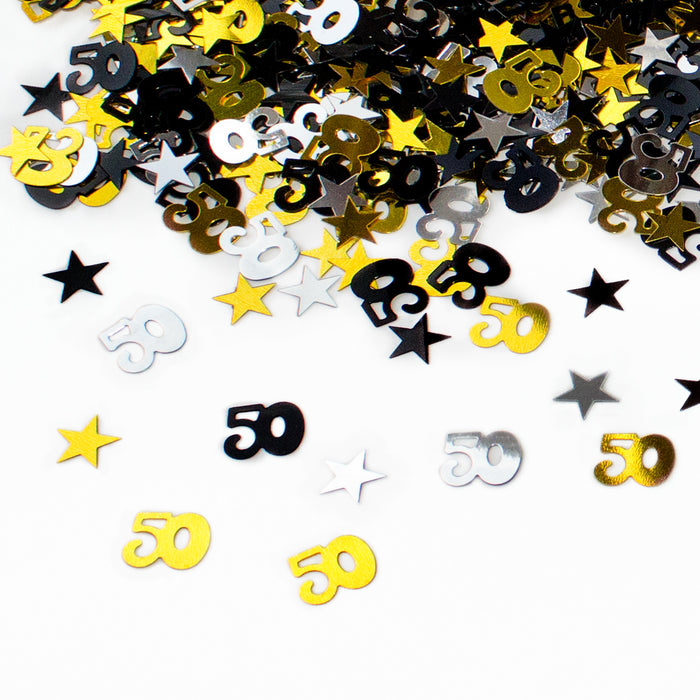 Konfetti Set 50. Geburtstag Jubiläum über 2500 Stück Zahl 50 + Sterne als Tisch Deko Streudeko - gold silber schwarz