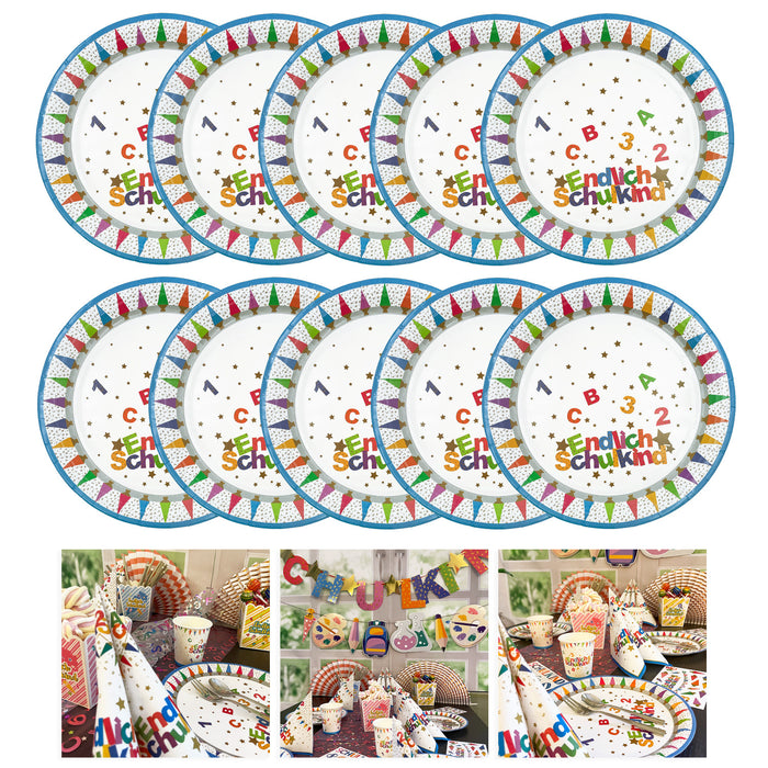 Schuleinführung Schulanfang Einschulung Deko Set - Girlanden + Pappboxen + Pappteller + Pappbecher + Servietten + Tischläufer + Sticker
