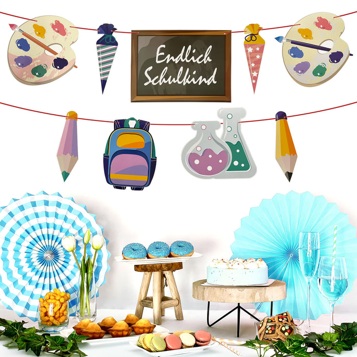 Schuleinführung Schulanfang Einschulung Deko Set - Endlich Schulkind & Stern Girlande + Zuckertüten Folienballon + Schulkind Ballon + Konfetti Set