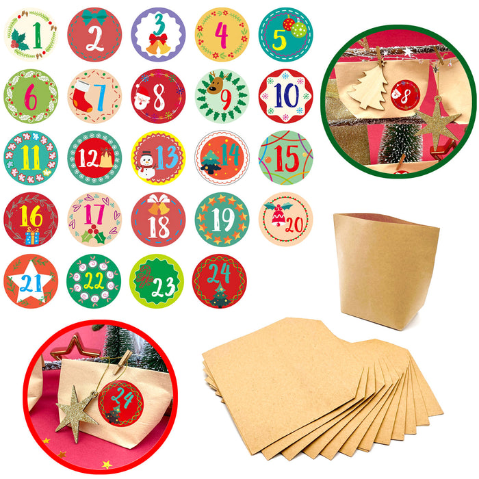 DIY Adventskalender Set - 24 Tüten + 24 Zahlen Sticker Aufkleber für Weihnachten Advent