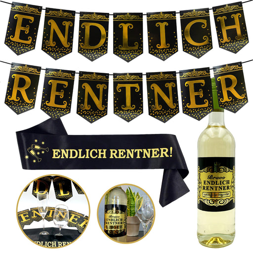 Ruhestand Deko Set Schwarz Gold Ruhestand-Party Deko Set Schwarz/Gold – Banner, Luftballons, Konfetti, Swirls Und Satin-Schärpe