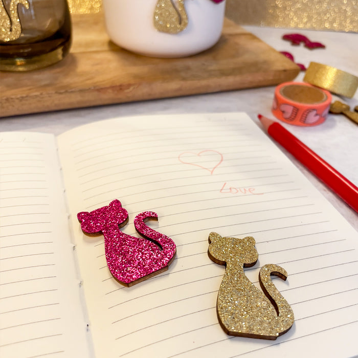 12x Holz Katzen Konfetti mit Glitzer Tischdeko Holzdeko Streudeko für Kinder Geburtstag Basteln - pink gold