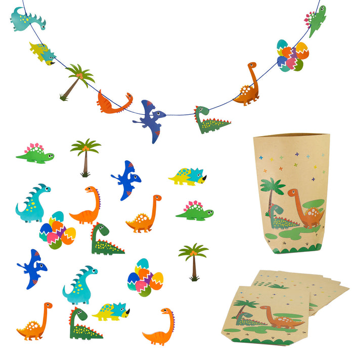 Dino Deko Set Kinder Geburtstag Jungs Kinderzimmer - Dinosaurier Girlande + Geschenktüten + Konfetti