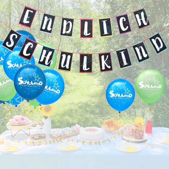 Schuleinführung Schulanfang Einschulung Deko Set - Endlich Schulkind Girlande + Luftballons + Servietten