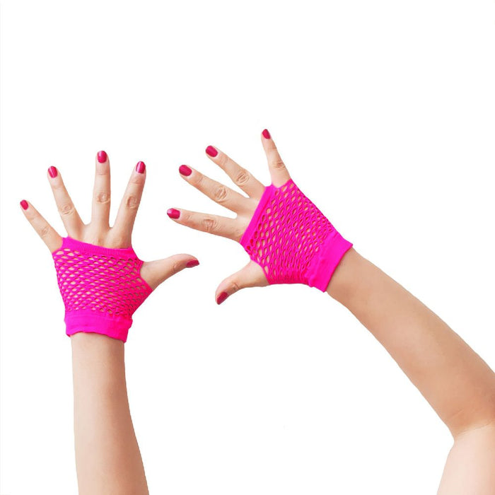 Netzhandschuhe kurz fingerlos Party Karneval Fasching - neon pink