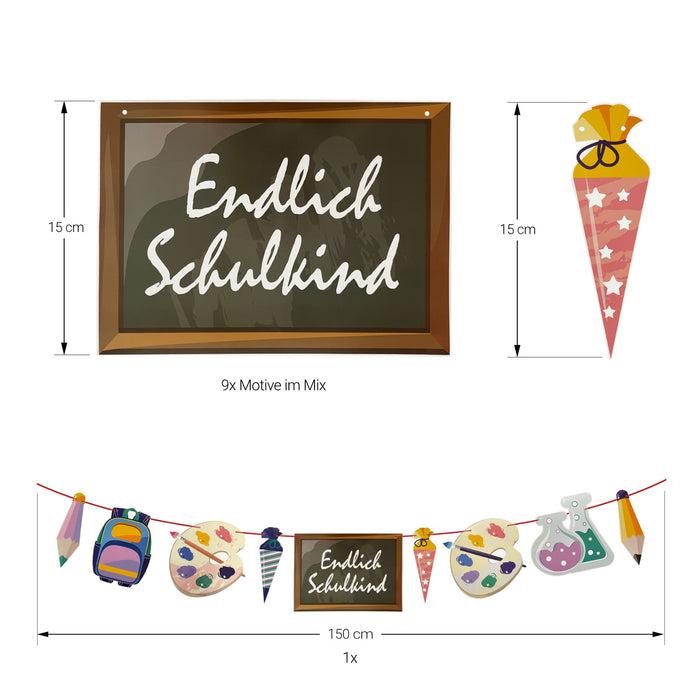 Endlich Schulkind Girlande mit Schulmotiven Hänge Deko Banner für Schuleinführung Einschulung Jungs Mädchen