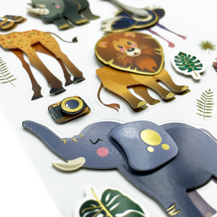 14 3D Sticker Tiere und Blätter Aufkleber Safari Zoo als Dekoration zum Basteln DIY Dekoration Scrapbooking