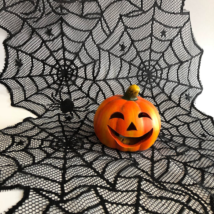 Tischläufer Läufer mit Spitze Spinnennetzen und Spinnen Halloween Tischdeko Tischband schwarz