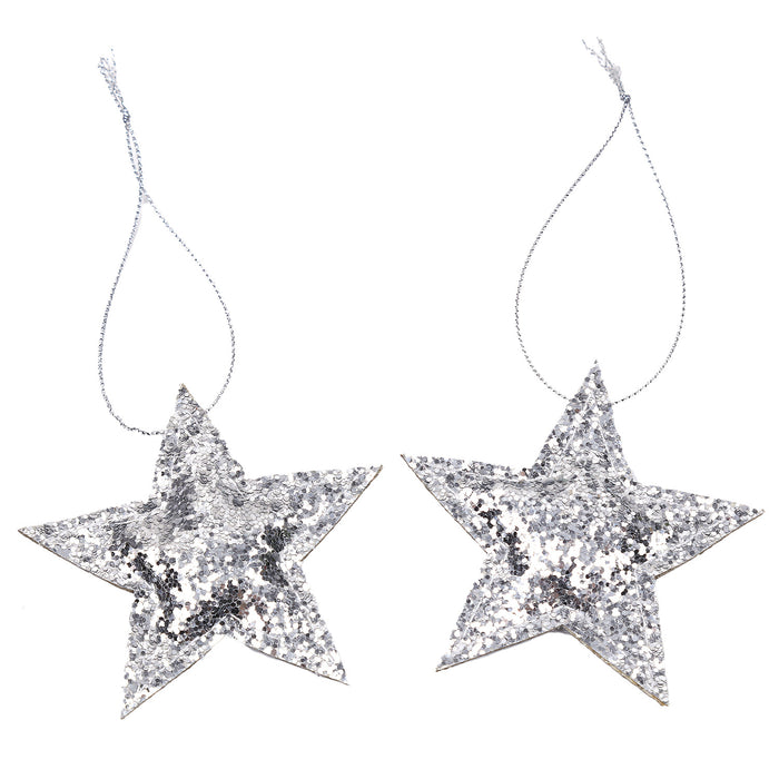 2er Set Sterne Anhänger Weihnachten Glitzer Aufhänger Deko für Advent Weihnachtsdeko Baumschmuck - silber