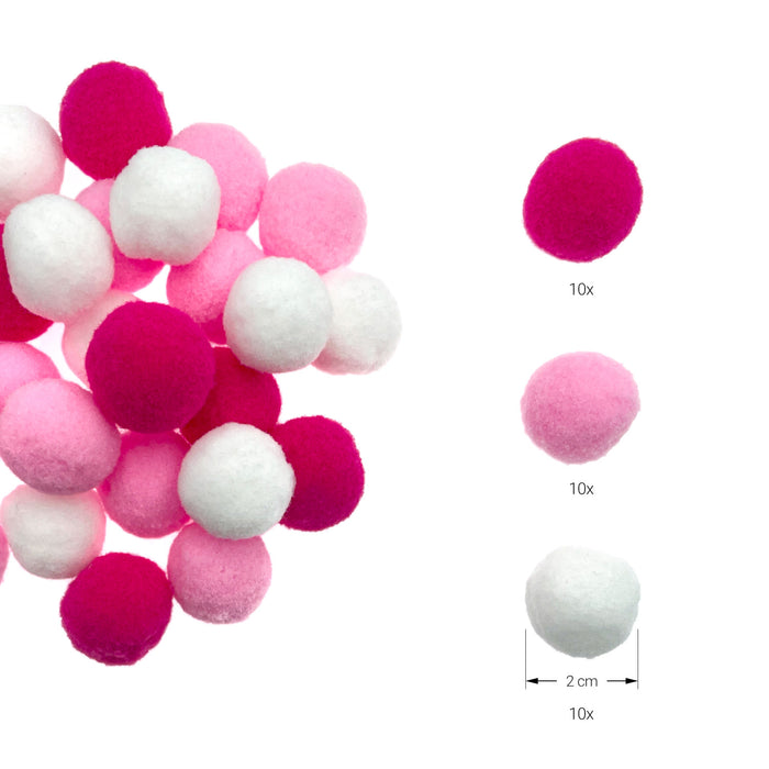 30 Mini Pompons zum Auffädeln Bunte Kugeln Bommeln für DIY zum Basteln Bastelpompons - weiß rosa pink