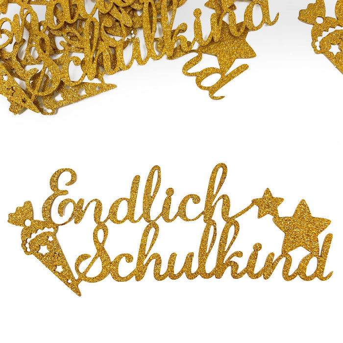 Schuleinführung Schulanfang Einschulung Deko Set - Torten Topper + Konfetti Set Endlich Schulkind gold