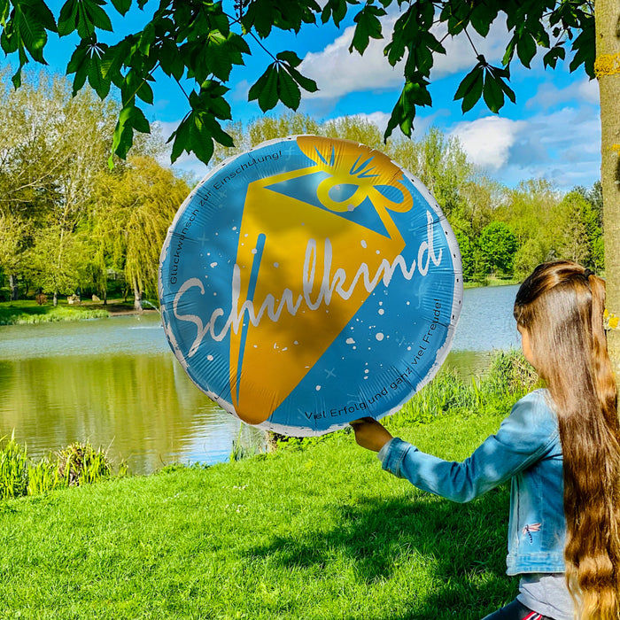 2er Set Folienballon Schulkind + Kindergarten/Schule Ortsschild Luftballon Hänge Deko für Schuleinführung Einschulung