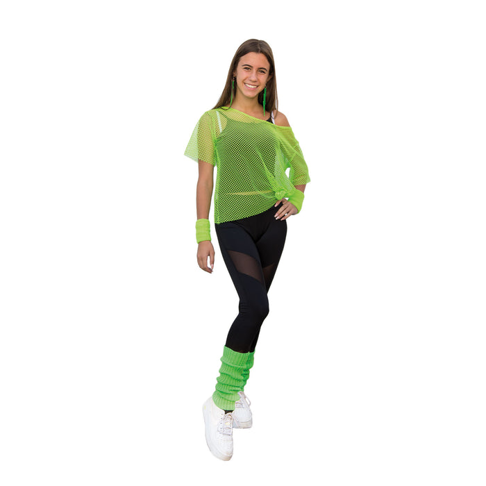 Netzshirt + Stulpen Set 2-teilig 80er Jahre 80s Karneval Fasching Motto Party für Damen neon grün