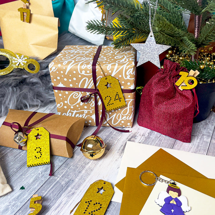 24 Holz Anhänger Zahl 1-24 mit Glitzereffekt für DIY Adventskalender Weihnachten Deko Basteln - gold